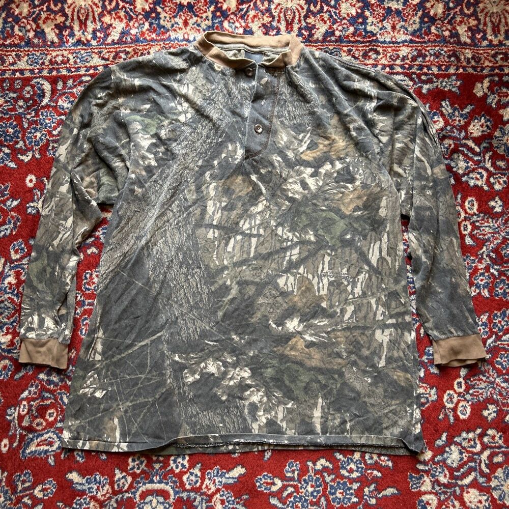 Vintage Ace Sportswear Shirt Mens XL Brown Mossy Oak Camo Henley Long Sleeve USA